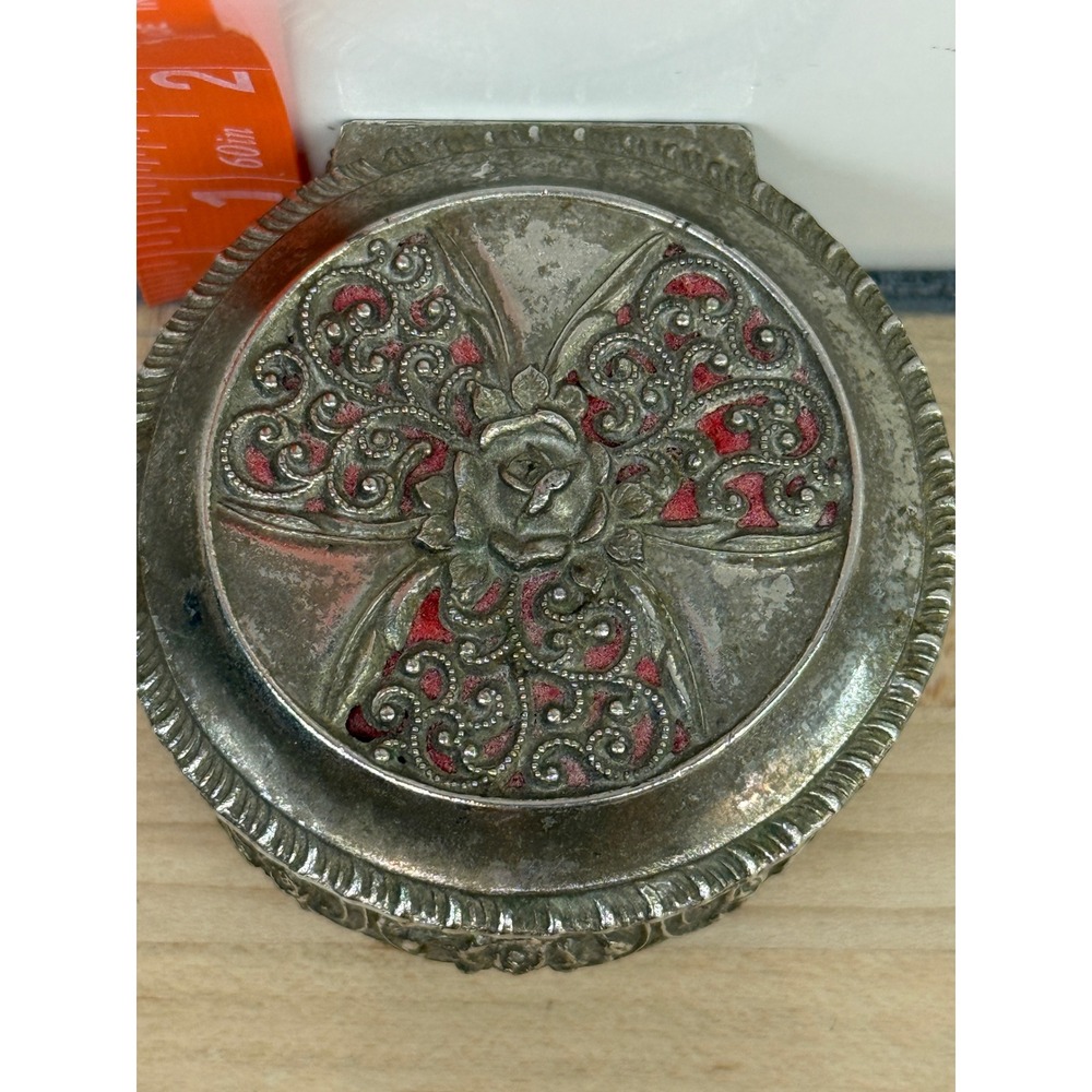 Vtg Silver Tone Footed Floral Trinket Box Red Velvet Lining‎ Japan Rose Ornate